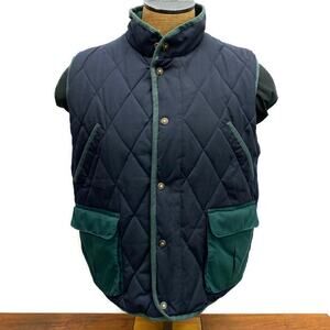 Vintage Gulliver's Navy Blue Diamond Quilted Vest Men's L Red Plaid Lining Snaps